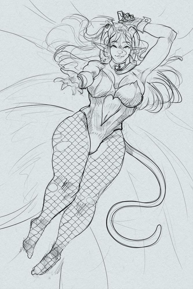 Sketch of a tiefling laying down, reaching a hand towards the viewer.
