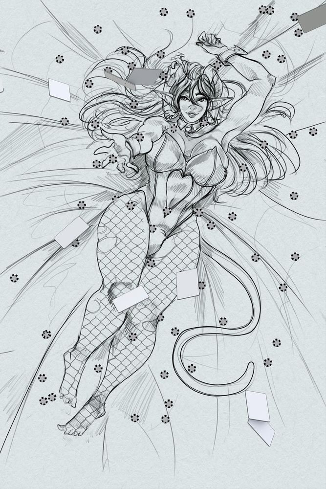 Sketch of a tiefling in a bunny suit, with her arm reaching to the viewer.