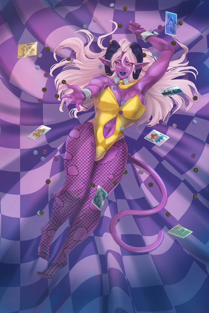 A tiefling woman in a yellow bunny suit, with her arm reaching towards the viewer. She is surrounded by poker chips and joker cards. 