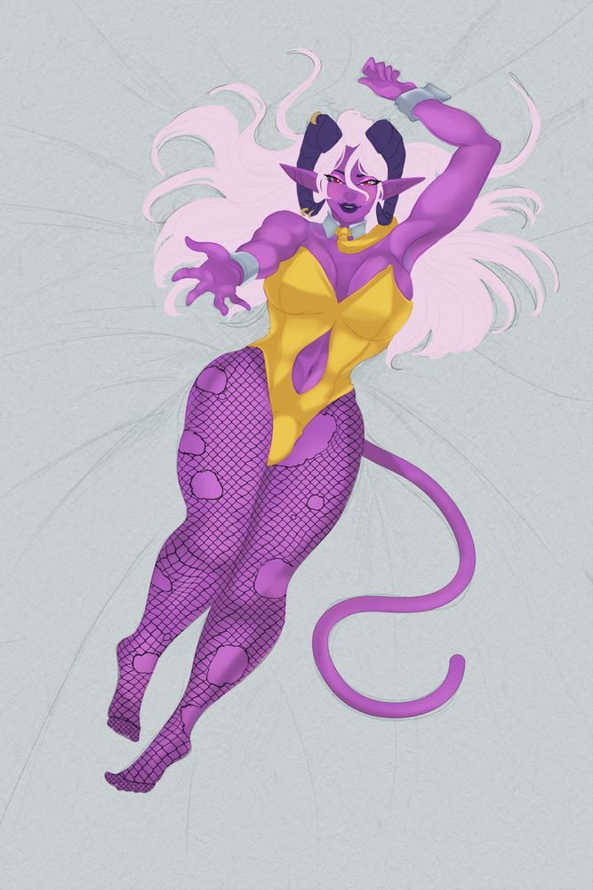 Tiefling in a bunny suit, with her arm reaching to the viewer.