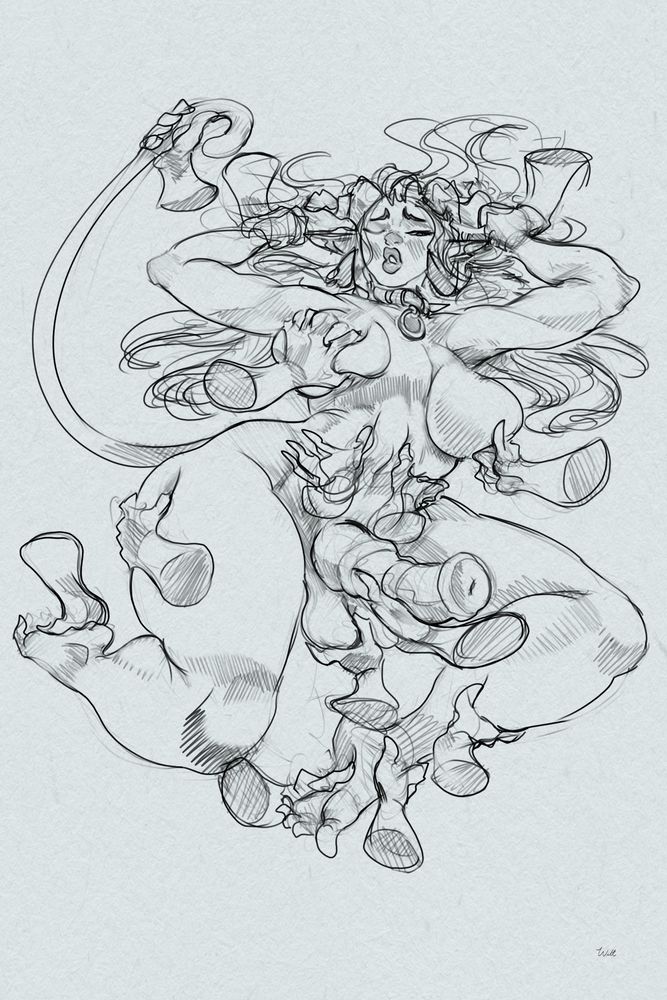Sketch of a tiefling being massaged by many hands.