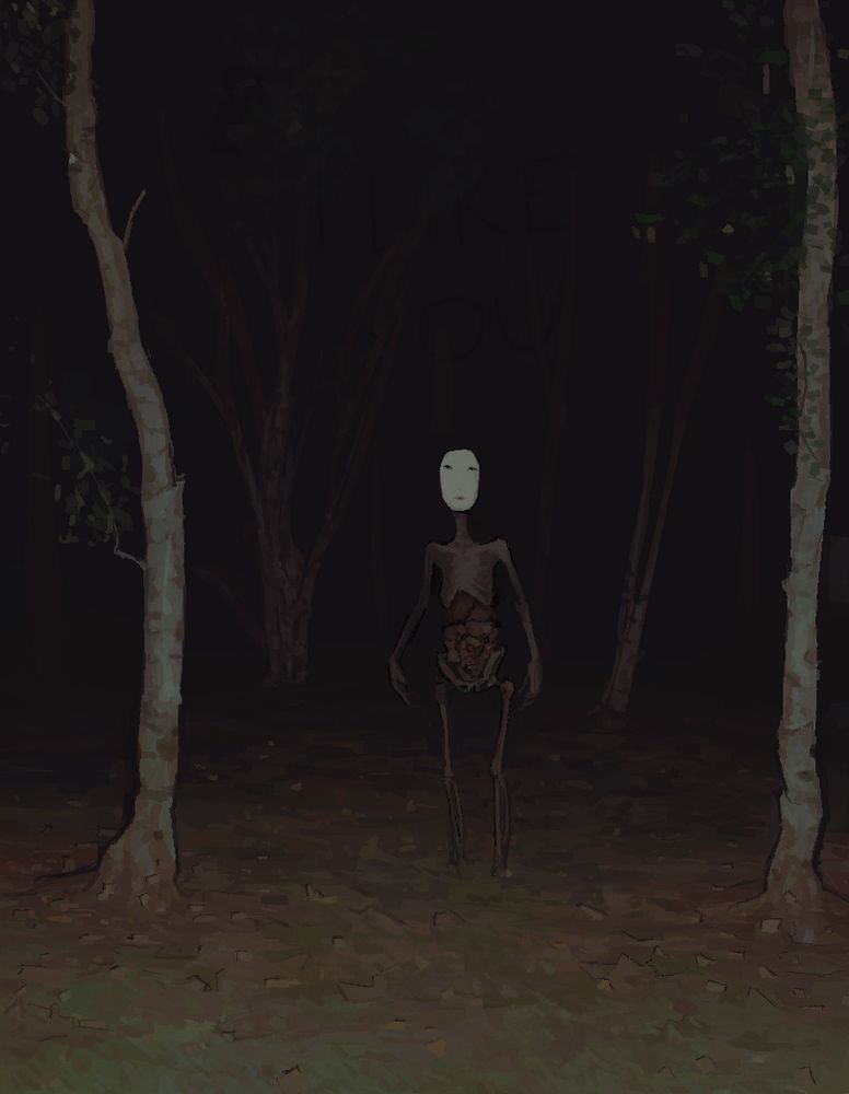 A skeletal figure with a large white head in a dark forest