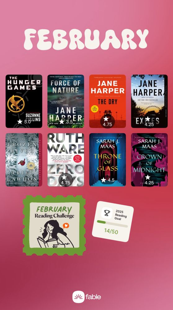 A recap of the books I read in February. It shows the covers of the following:
The Hunger Games
Force of Nature
The Dry
Exiles
The Frozen River
Zero Days
Throne of Glass
Crown of Midnight