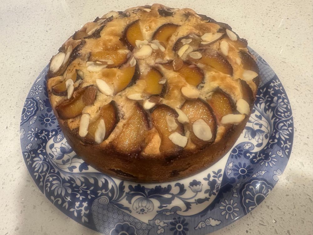 A plum ricotta cake on a Spode Blue Italian cake plate. 