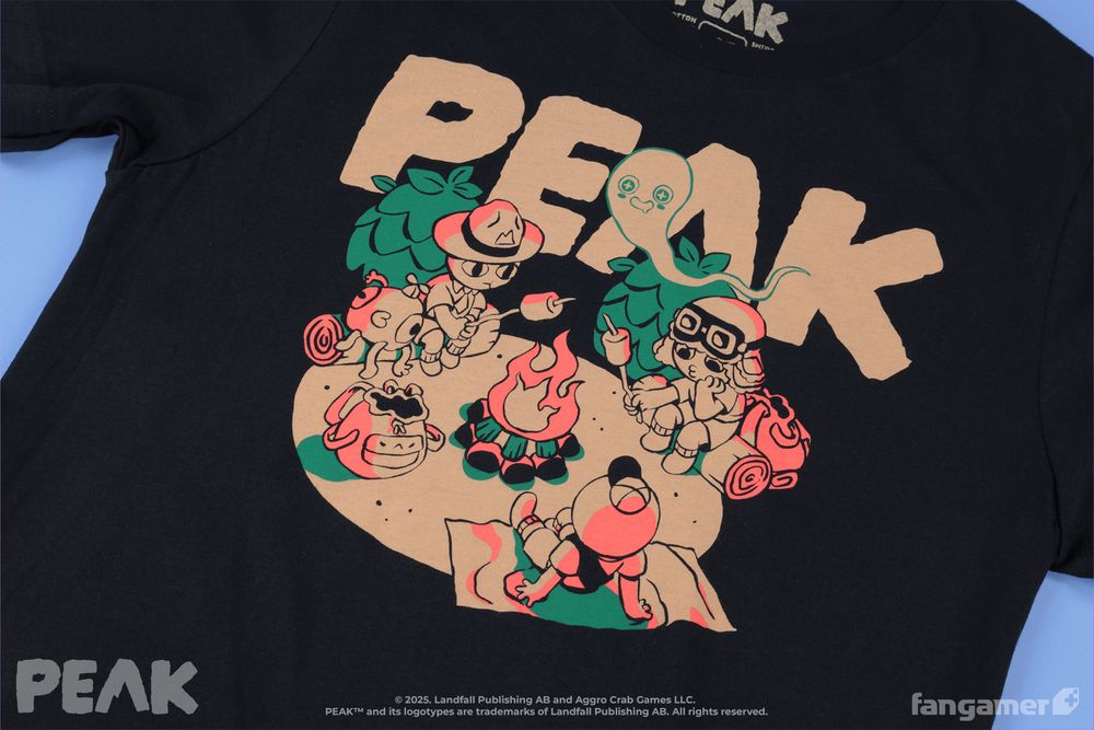 Three of the player character from the game "Peak" are sitting around a campfire, roasting marshmallows, There's a happy ghost floating behind them looking at the marshmallows, drooling. A large logo for "Peak" makes up the background. Orange, green, and beige inks on a black T-shirt.