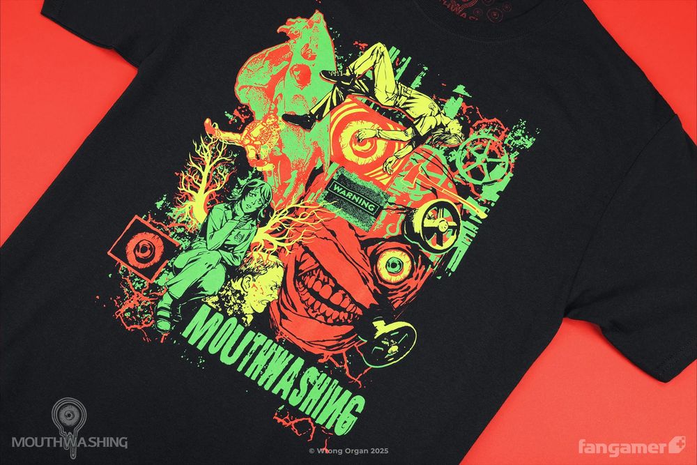 "Come to Daddy" shirt for Mouthwashing. The whole cast is represented in a chaotic grungy clipart aesthetic. Acid green, yellow, and red ink on a black tee.