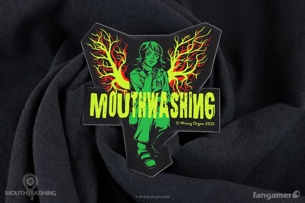 Bonus sticker for the "Come to Daddy" shirt featuring Anya with lung veins behind her forming angel wings. It says "Mouthwashing" across the sticker