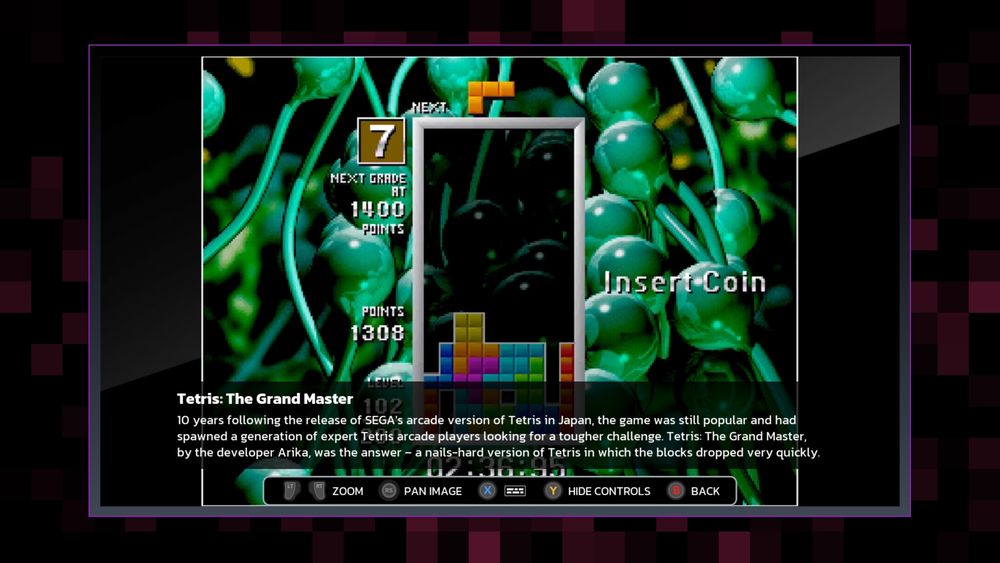 Screenshot of gameplay from Tetris: The Grand Master, as shown in Tetris Forever. Interestingly, the screenshot is from the recent Arcade Archives port of the game by Hamster Corporation, though the image was taken via the Xbox version of Tetris Forever, the one console platform that port is not available on for purchase.