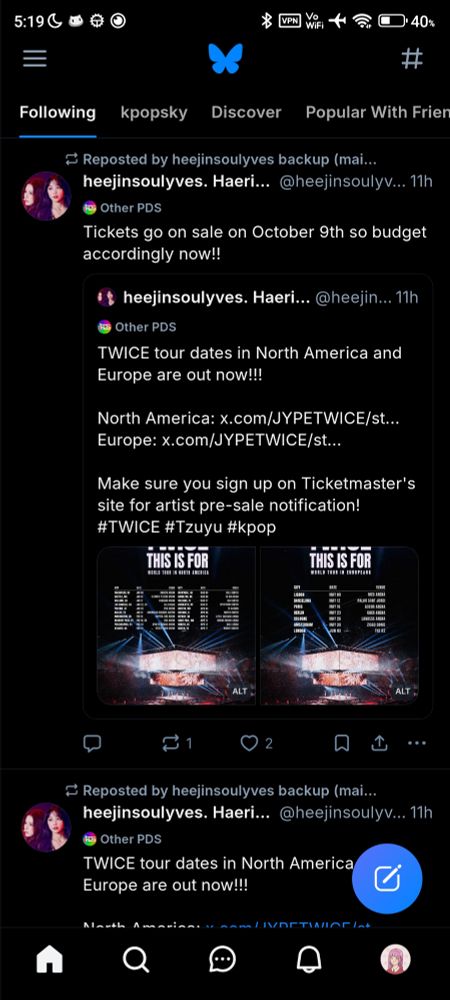 An image of Bluesky's Android app. Of note is the Bluesky butterfly logomark at the top of the screen.