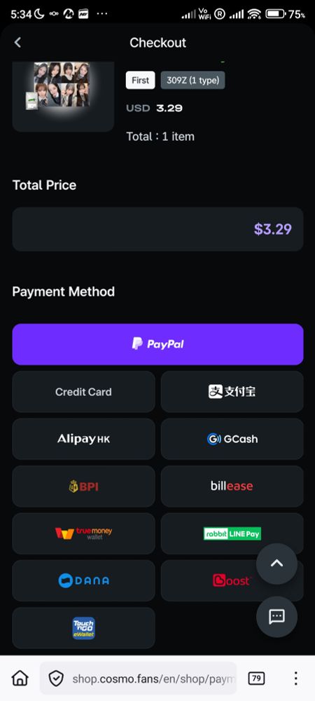 Cosmo's web checkout page, offering various fiat payment options to buy an Objekt blind pack. Notably not a single cryptocurrency payment method is listed.