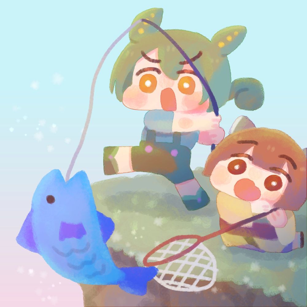 ずんだもん、東北きりたんが魚釣りをするイラスト