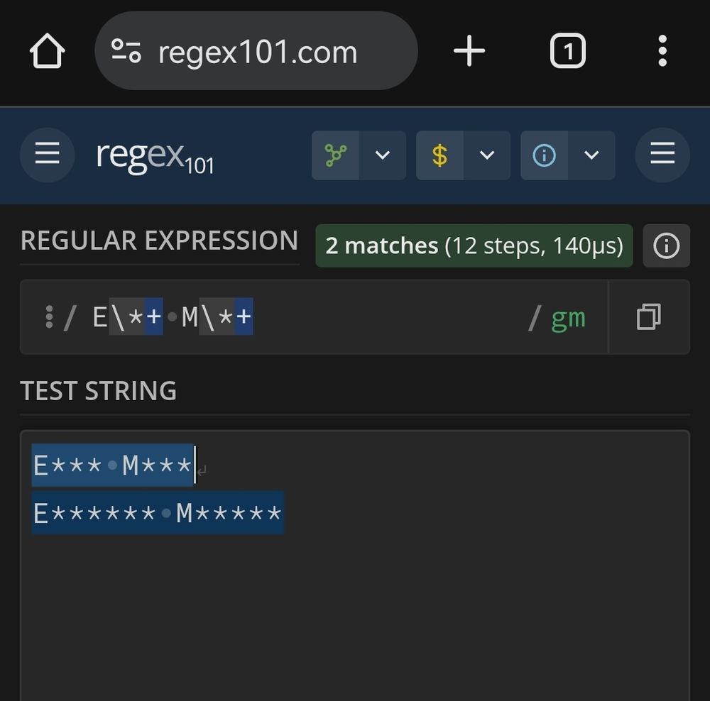 Screenshot de regex101:

Regex: "E\*+ M\*+"

Texte:
"E*** M***
E****** M*****"
