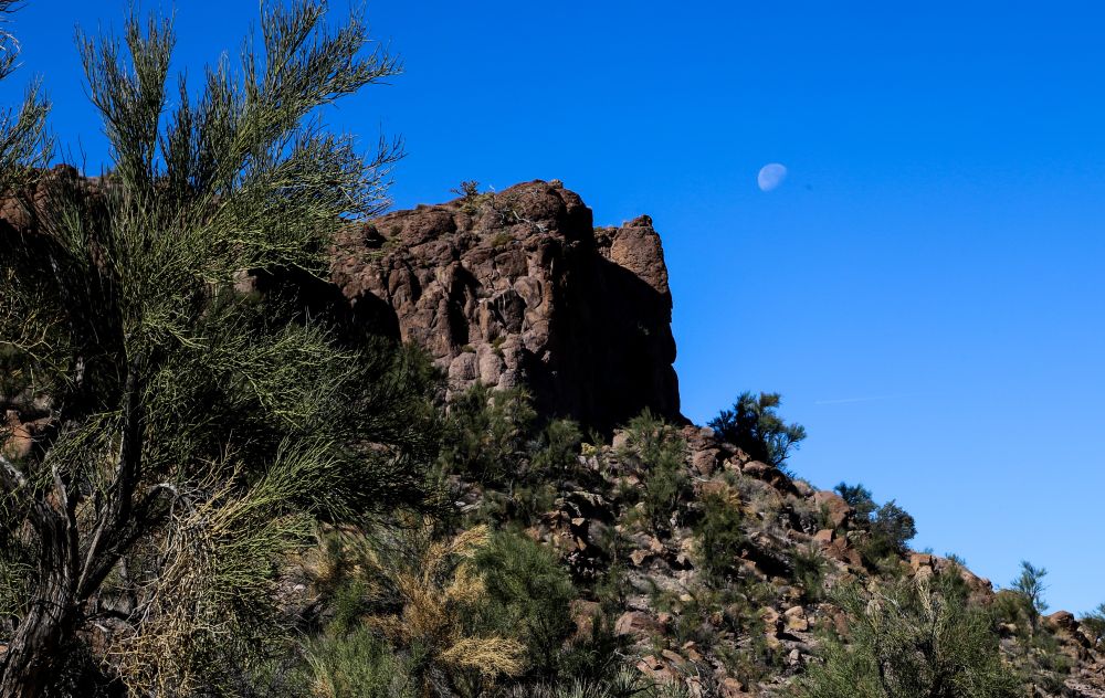 color image of a rocky desert hillside with deep blue sky and a rising gibbous moon in late morning light