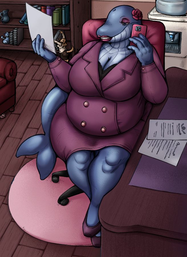 A giant, blue anthro whale sits at her desk in a burgundy suit. She crosses her legs, answering a call on her hot pink phone. In her other hand, she raises a piece of paper, looking it over. To her right is a wooden desk with various paperwork. Behind it, a water cooler. In the left corner, there's a large wooden shelf filled with colorful books and small trinkets. A tiny, blonde dog anthro attempts to pull a book from the bottom shelf for her boss. 