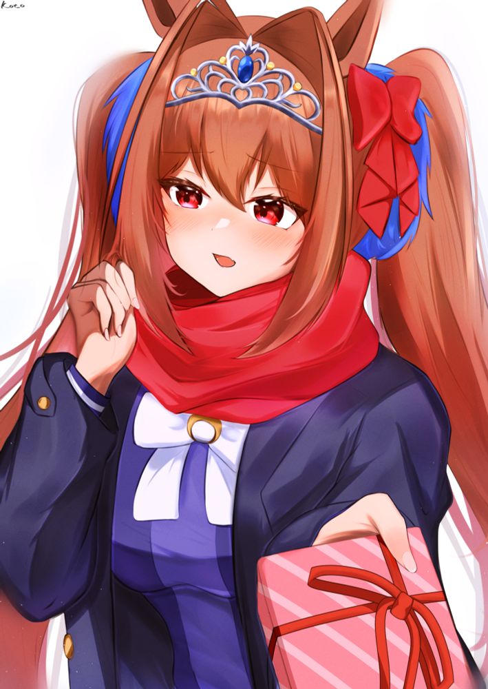 ウマ娘 からダイワスカーレットがもじもじしながらバレンタインでチョコレートの入った箱を渡しているイラスト