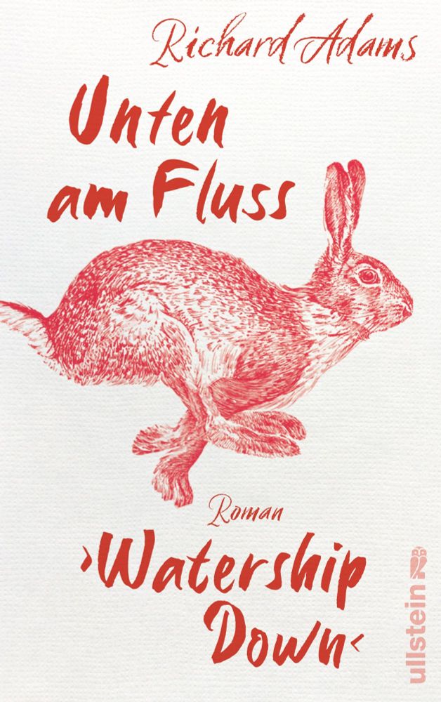 
Cover von Rochard Adams - Unten am Fluss in rot gehalten mit einem rennenden Kaninchen im Zentrum.