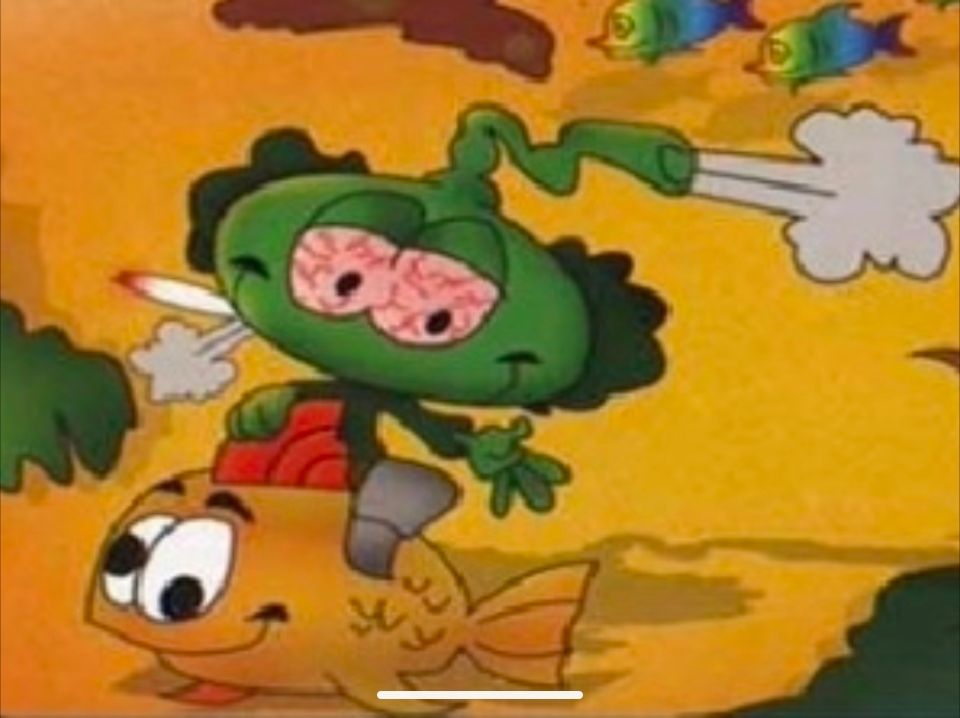 Cropped image of one of the characters in the above image, with bloodshot eyes, a joint in his mouth, and clouds of smoke coming from both mouth and head-snorkel
