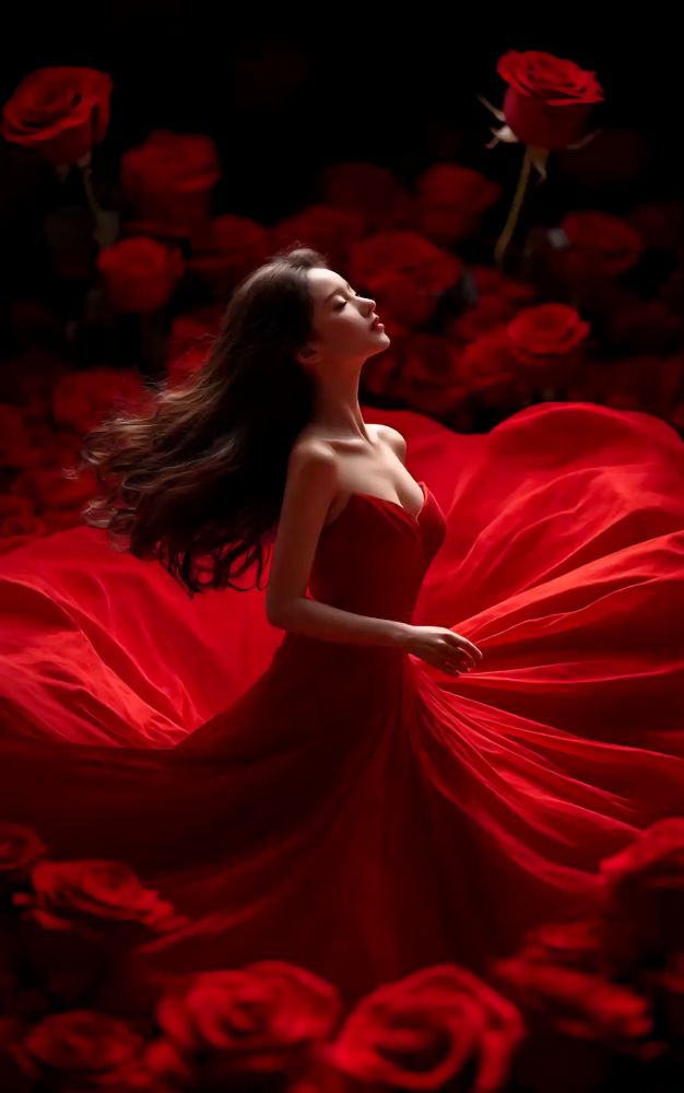 A lady dressed in red blooming from a crimson rose