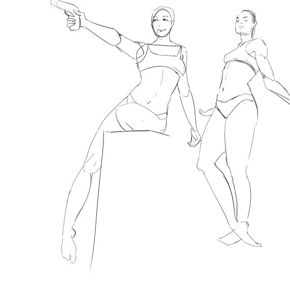 A woman sitting with one leg dangling off the side of a box. She points a firearm off screen to the left. A standing woman stretching her left foot.