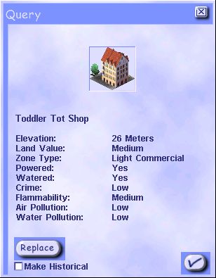The query message in SimCity 3000 for a Toddler Tot Shop, a small 4-story European building with a red sloped roof