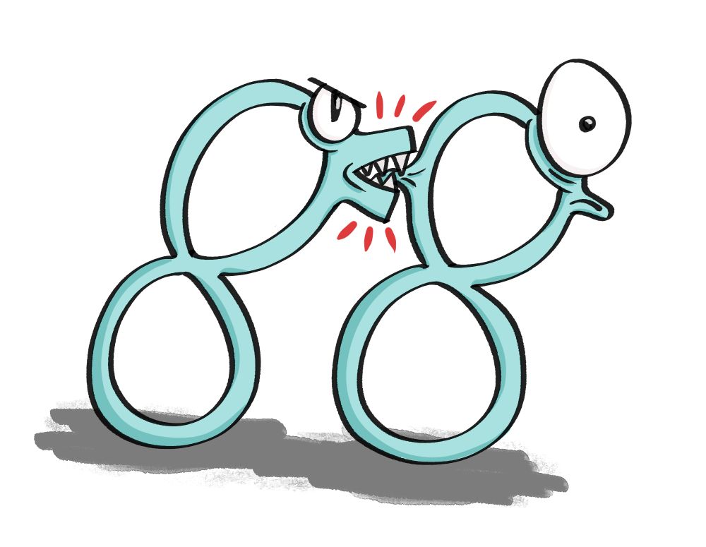 A numeral 8 with sharp teeth is biting the back of another numeral 8. who is surprised.
