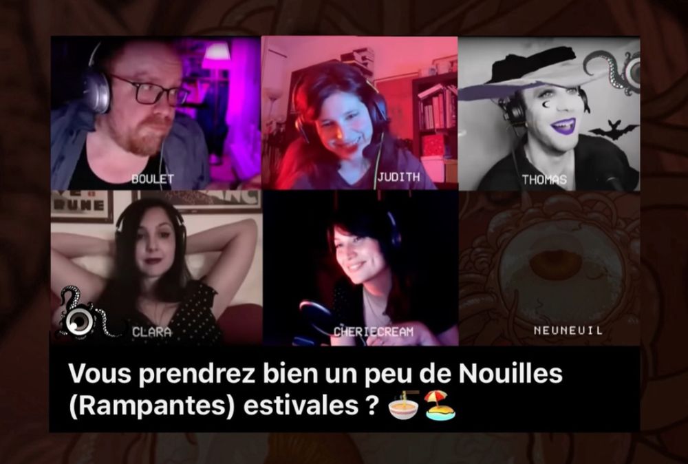 L’image est la vignette de la vidéo YouTube, on y voit Boulet, Judith, Clara, Cheriecream et Thomas souriants derrière leurs micros, avec en bas le titre de la vidéo « vous prendrez bien un peu de Nouilles (Rampantes) estivales ? »