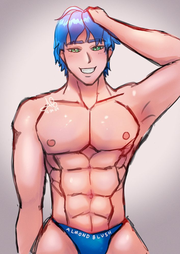 Anime man original character with green eyes and blue hair. Muscular and shirtless in a blue speedo type swimsuit that says “Almond Blush”