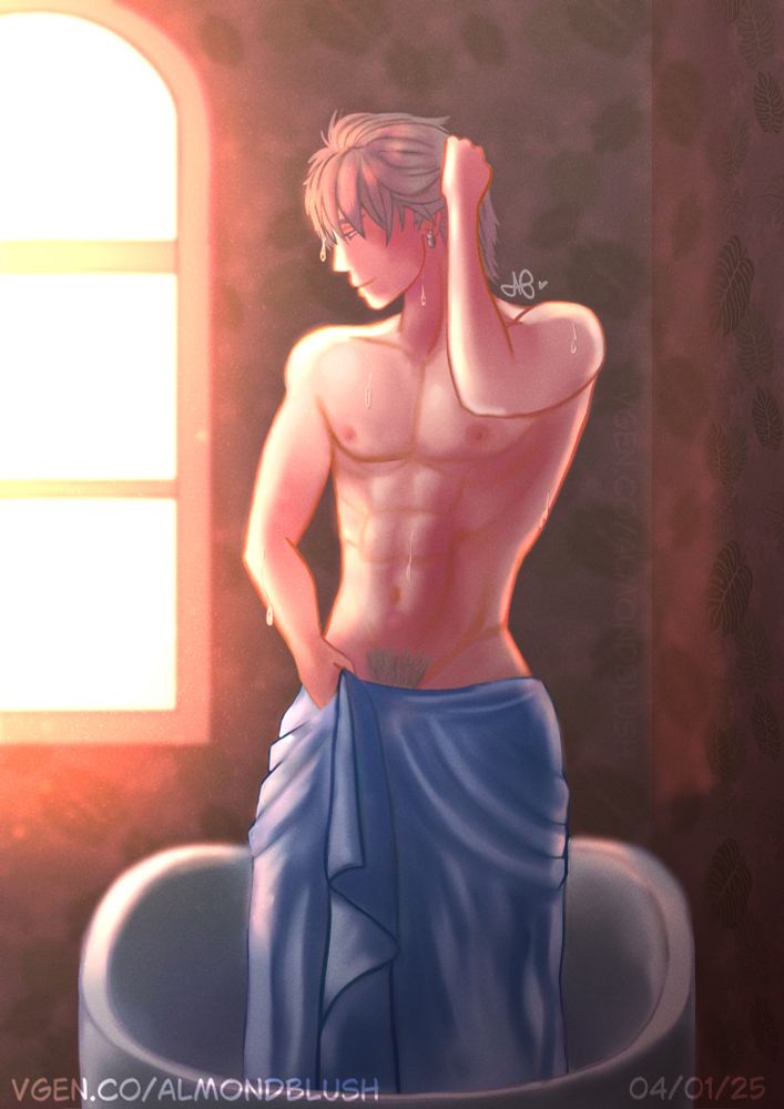 Xavier drawn shirtless and damp, standing in a bathtub with a blue towel held around his waist. One arm is held up adjusting his hair. The background is a blown out window casting warm light on the whole scene and two walls with a leafy pattern 