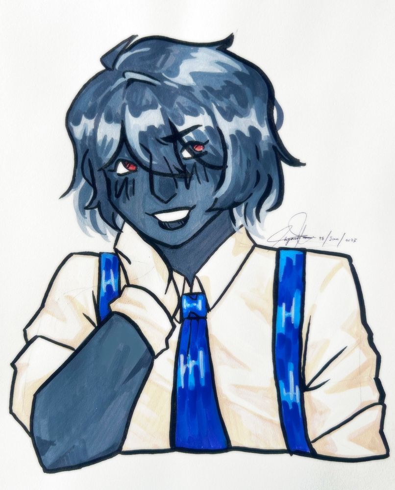 A bust-up traditional marker art of Nix Aethos, resting their left hand on their neck, looking bashfully to the right.