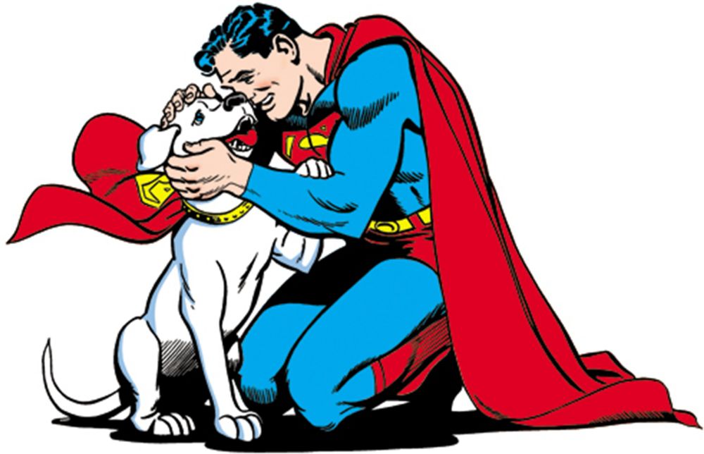 Superman petting Krypto, who puts a paw on his arm