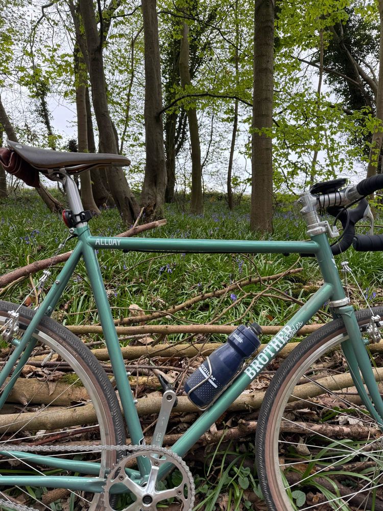 Green Brother Cycles AllDay bicycle in front of a patch of bluebells in The Chiltern hills
