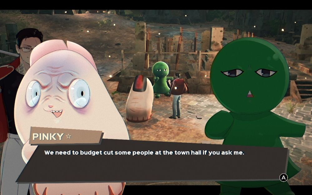 Screenshot from Promise Mascot Agency showing Pinky, a severed finger mascot, saying "We need to budget cut some people at the town hall if you ask me."