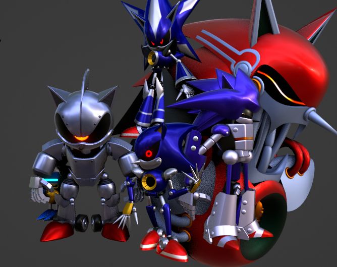 Metal Sonic, standing alongside his prototypes and two alternative forms. (Mechas 1 and 2, Silver Sonic, Neo and Titan)