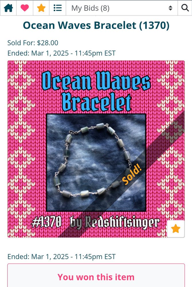 Screenshot from the Craft Fair Auction if the Ocean Waves Bracelet #1370 by Redshiftsinger. Picture of item marked "Sold!" 