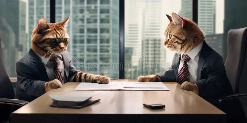 A generated image, two orange stripped cats in business suits sit in an office at a conference table. They are in front of a large window showing office buildings.