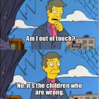 Simpsons meme, Principal Skinner wonders "Am I out of touch?". Next panel says "no, it's the children who are wrong"