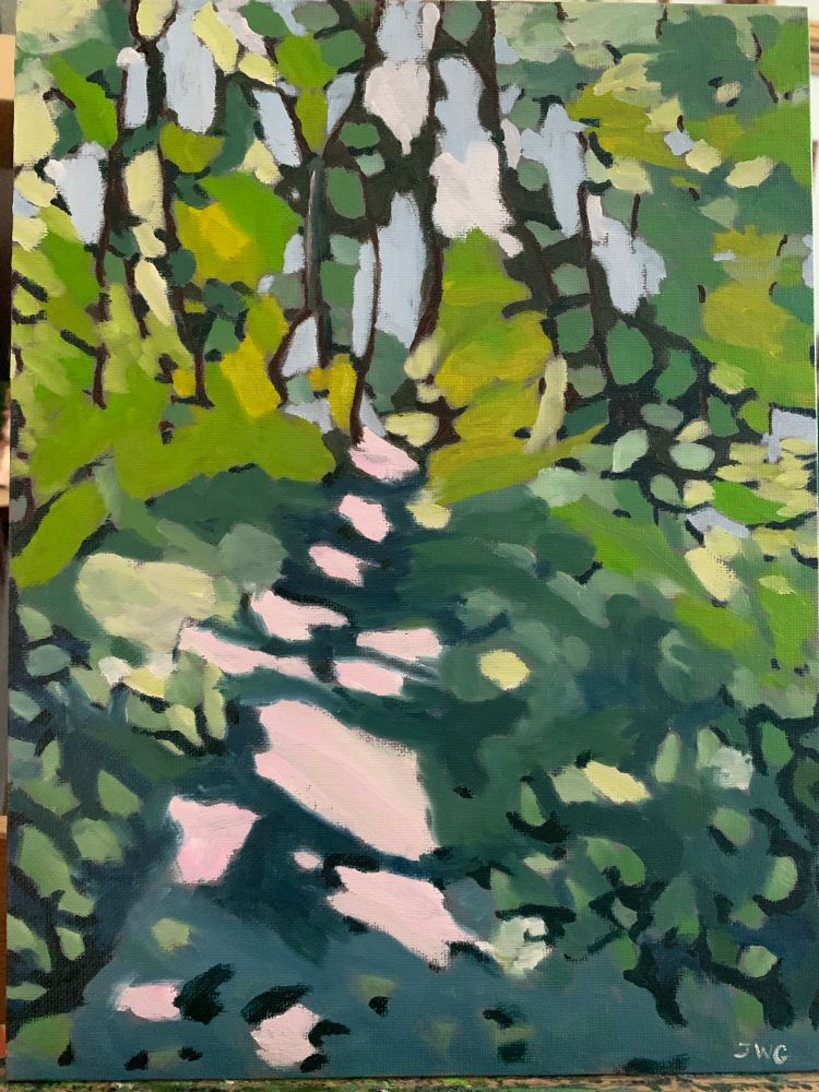 A photo of an abstract painting of a path in the woods. 