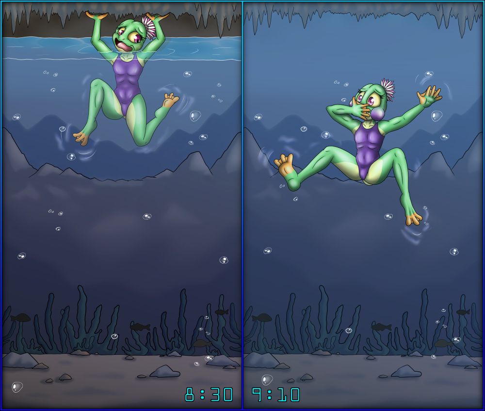 Freggie is in trouble! The Atlantean frog went on her own to explore a cave system. Used to live at the bottom of the ocean in the famous aquatic city, she thought any cave near the surface would be easy in comparison. After all it had plenty of air. Just unfortunate that she is not very familiar with tides!
Now she hours away from the exit and the water is rising and rising.

Soon she is forced to hold her breath, making use of the copious amount of air she can hold in her cheeks. But is there any chance that is enough?
Her chest is already contracting regularly within her skintight swimsuit and bubbles leak past her webbed paw on her mouth...
