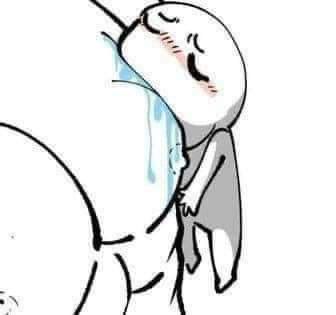 Lil cartoon guy hanging off giant cartoon pecs by the mouth. There’s drool.