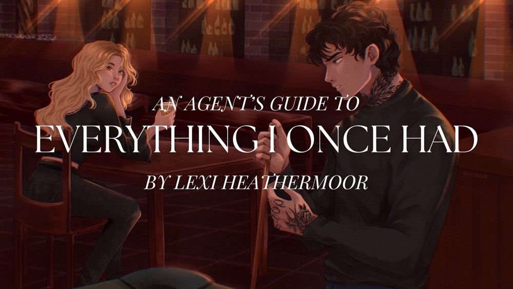 “An agent’s guide to everything I once had by Lexi Heathermoor” 
The image is an illustration of a blonde woman at a table with a drink looking yearningly at a dark haired, tattooed man holding a pool stick.