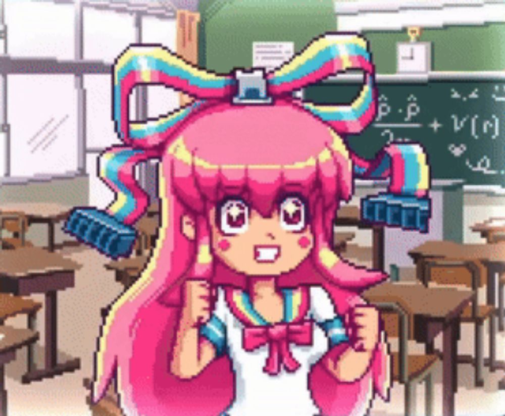 a pixel art of a girl in a classroom with a rainbow bow