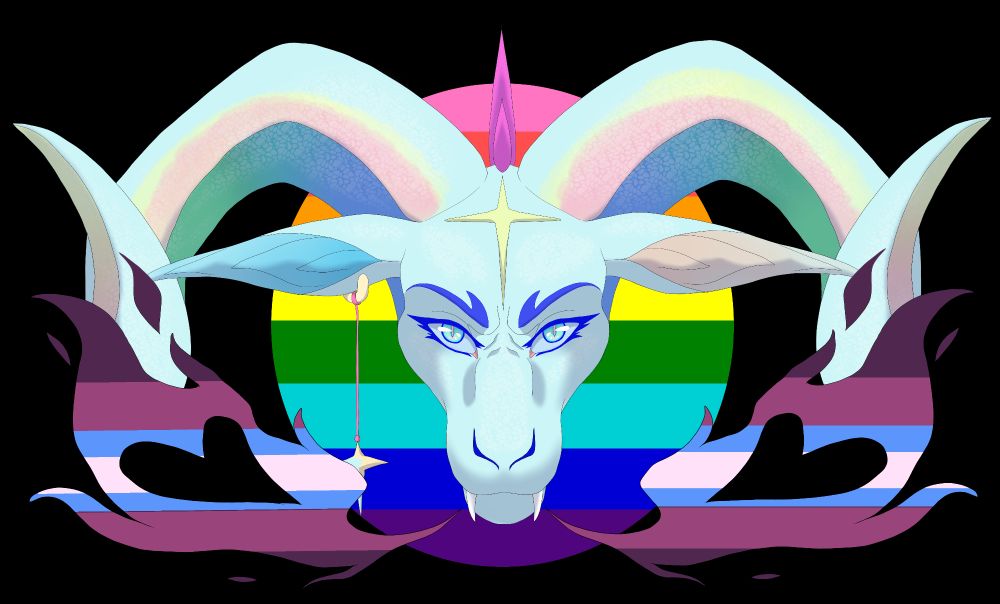Symmetrical headshot drawing of a pastel dragon character breathing out flames with the Gender non-conforming colors and a circular background of the original Pride colors behind them.