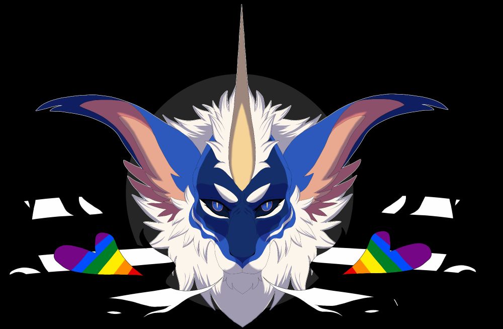 Symmetrical headshot of a dragon character breathing out flames with the Straight Ally colors