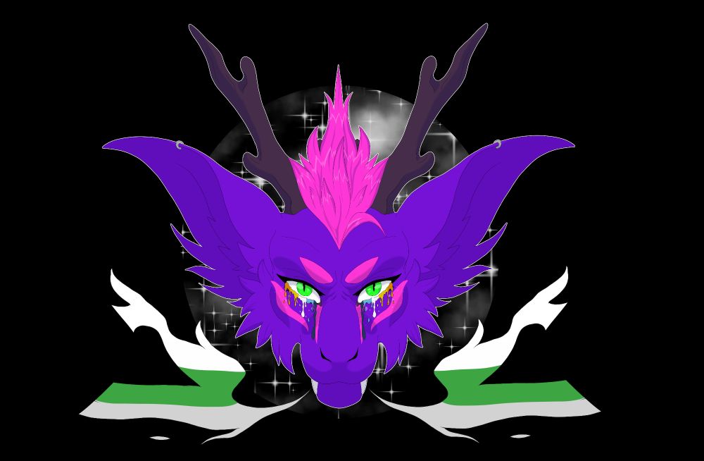 Symmetrical headshot of a dragon character breathing out flames with the Demiromantic colors and crying tears with the Aroace colors. Behind them is a dark starry background.
