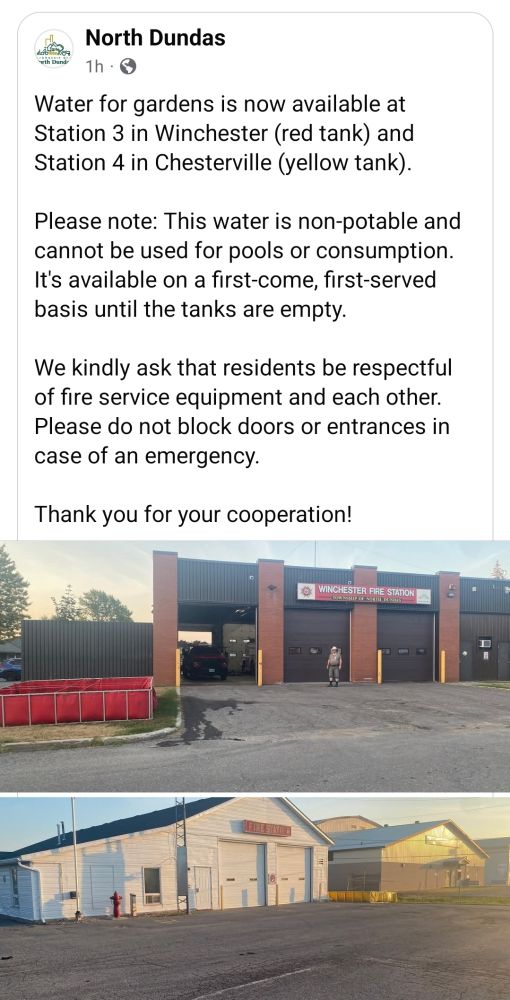 Post from North Dundas offering a limited amount of water for people to collect for their gardens at 2 seperate fire stations 