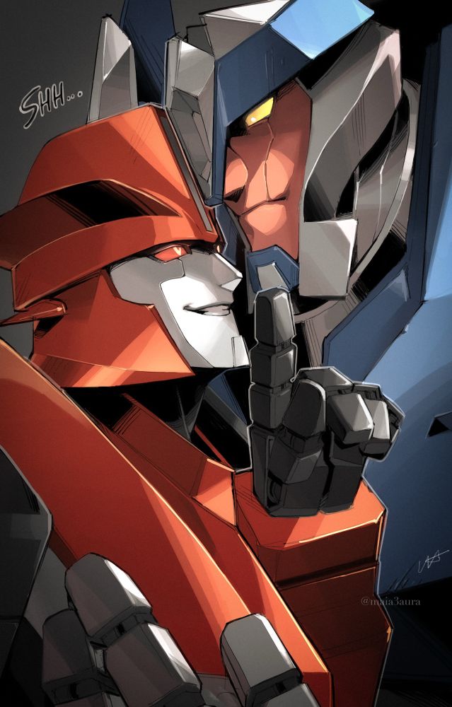 KOBD from Wreckers: Tread and Circuits, with Knock Out making a shushing gesture while they stare at each other.
レッカーズ: トレッドアンドサーキッツのKOBD、お互いに見つめ合いながらノックアウトがしーのジェスチャーをしている。