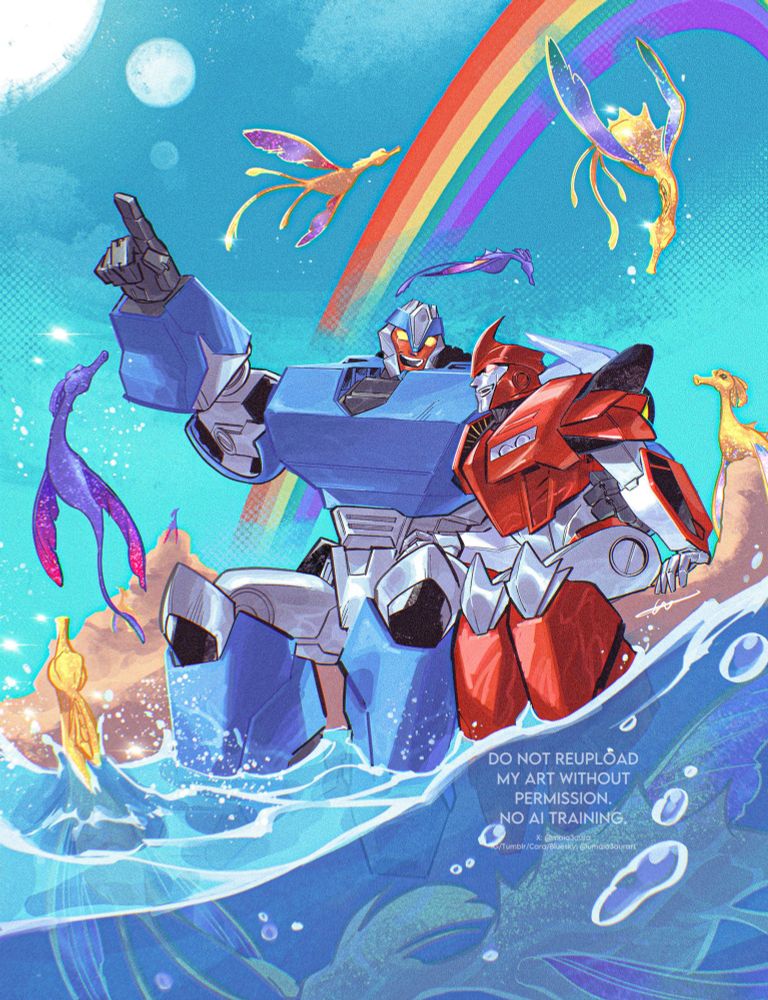 Knockout and Breakdown are intimately enjoying the sight of the radiant shralls leaping from the water into the sky. There's also a rainbow above them.
ノックアウトとブレークダウンは親密な様子でラディアントシュラルスが水面から空へ飛び出しているのを楽しんでいます。彼らの上には虹もかかっています。