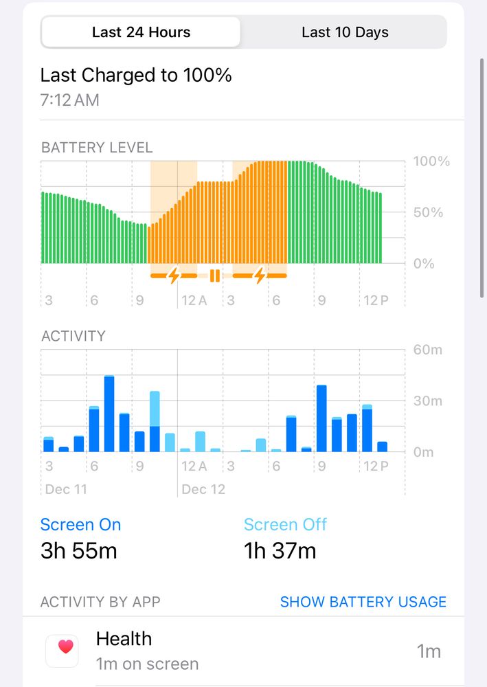 same battery screen, showing 1m of usage of the Health app