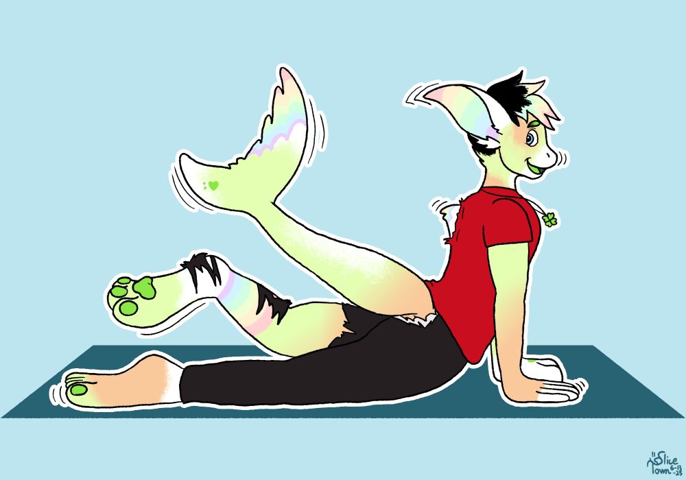 MikuManokit does the upwards-facing dog pose on a yoga mat, and finds that yoga is a lot more fun with a tf into his character Aofie! His skin grows green and rainbow colored fur as his legs and tail tear away at his pants, with a fluffy fin tearing through the back of his shirt. His ears grow big and pointy as his new snout stretches out with a smile. His hands shift into brand new paws, much better for balancing now!