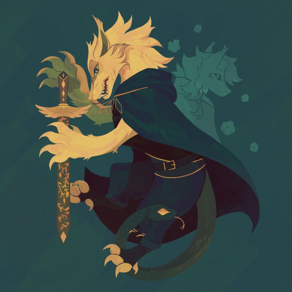 art of a pale yellow wolf/snake chimera furry creature drawn in a heraldic design style. They hold a gilded sword with a snarling expression, and a silhouette of a racoon-like furry behind their back.